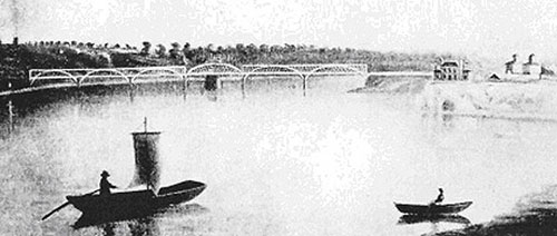 old painting of first wooden railroad bridge across river
