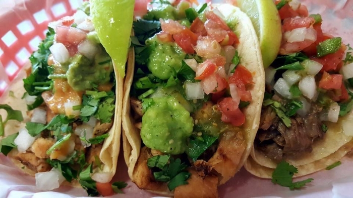 3 medium corn sheel beef tacos with pico de gallo and cilantro
