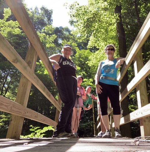 hiking group standing on wooden bridge