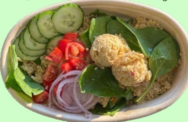 Green background with white bowl filed with two light brown scoops of chick-pea based salad, spinach, cucumber, red pepper, and brown grain