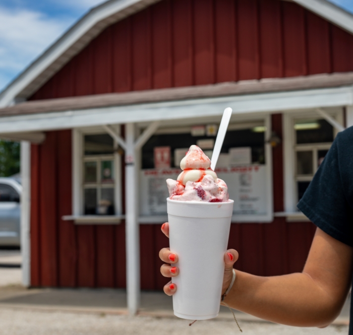woman holding large milkshake in front of red dairy barn like building