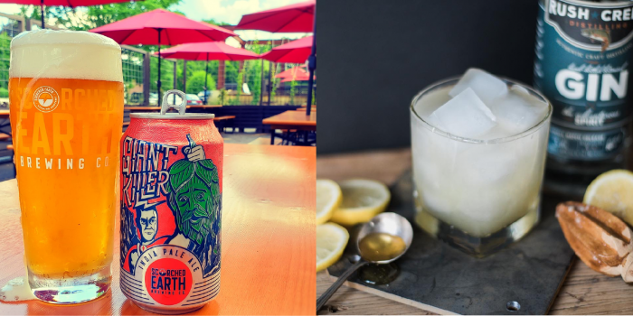 glass of beer and can sitting on patio table with glass of gin