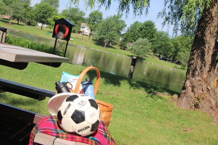 soccer ball and picnic basket sitting on picnic table with pond in background