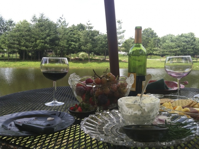 picnic with wine on outdoor metal table overlooking water
