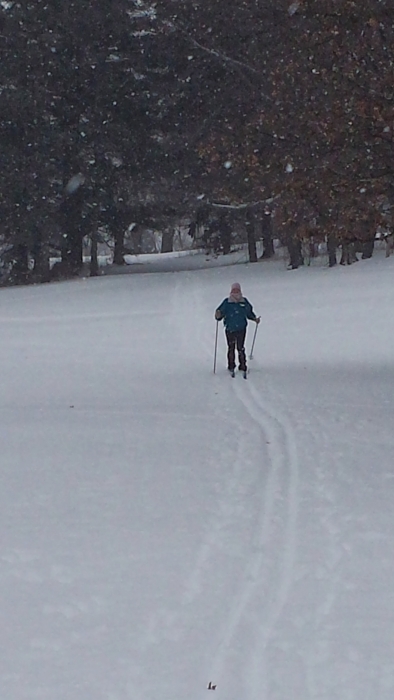 woman cross country skiing at night with snow falling