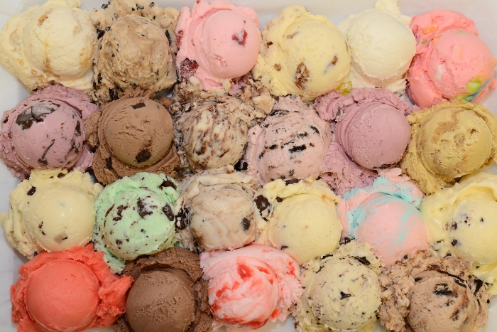 scoops of different ice cream flavors in a grid