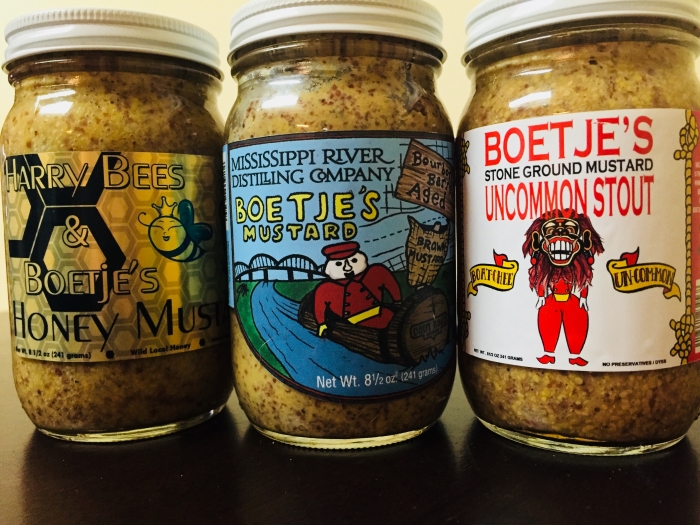3 jars of coursely-ground dark mustard